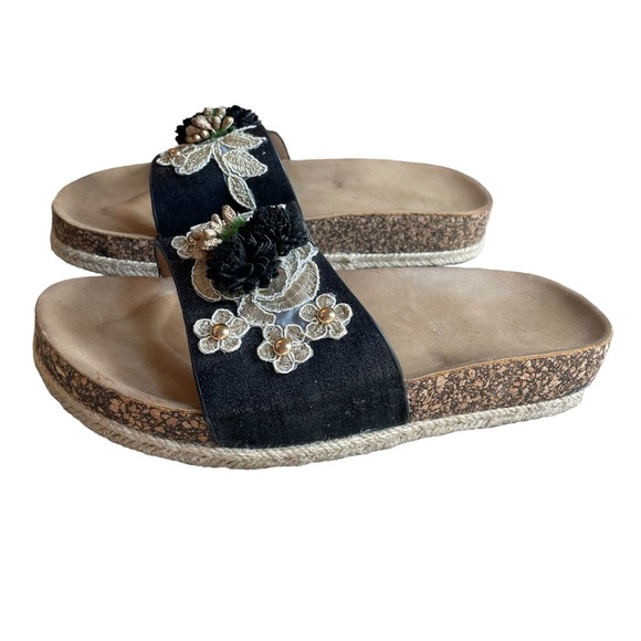 Nature Breeze Platform Slip On Slide Sandals Black Beige Floral Applique Size 8 - Picture 1 of 9